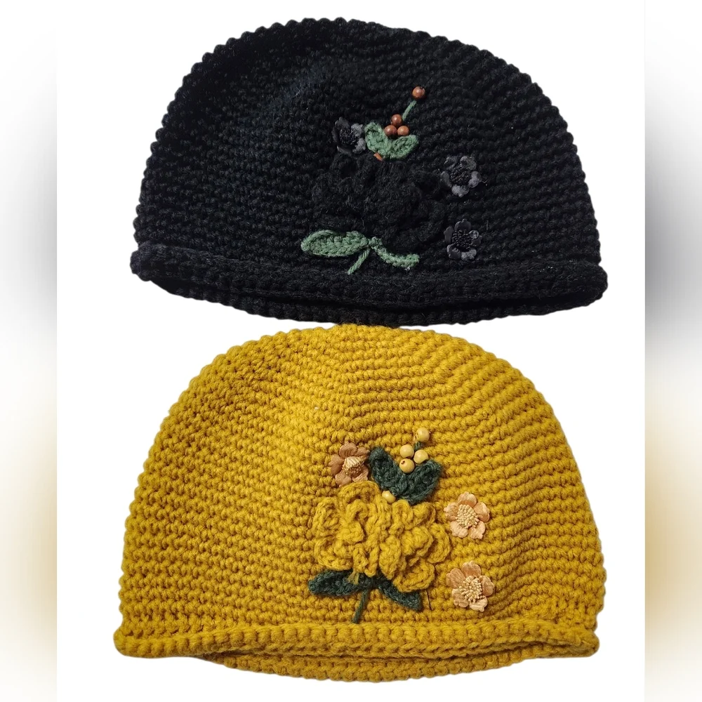 TWO Knit Beanies with Floral Bead Design Like New!